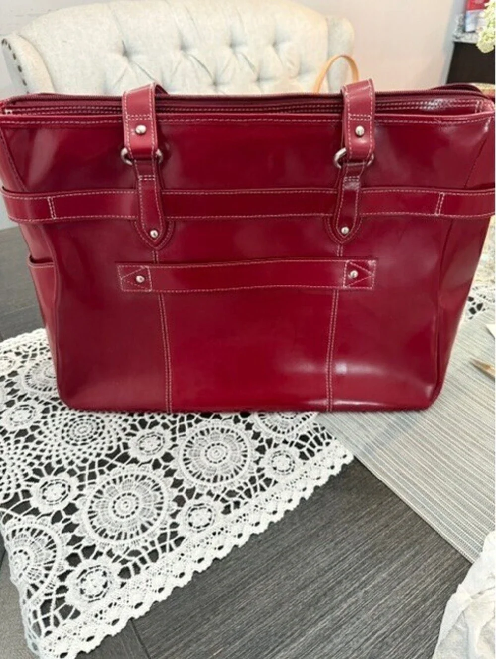 NWT McKlein Serra laptop tote real leather in red silver hardware - STUNNING